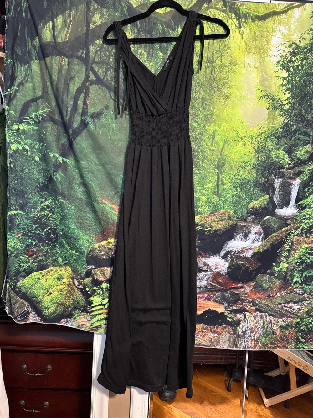 Black V-Neck Smocked Waist Maxi Dress - Women
